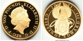 Elizabeth II gold Proof "Queen's Beast - Griffin of Edward III" 500 Pounds (5 oz) 2021, KM-Unl., S-QBCGD10. Mintage: 129. Accompanied by the original ...