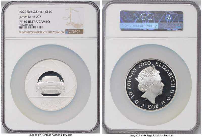 Elizabeth II silver Proof "James Bond 007" 10 Pounds (5 oz) 2020 PR70 Ultra Came...