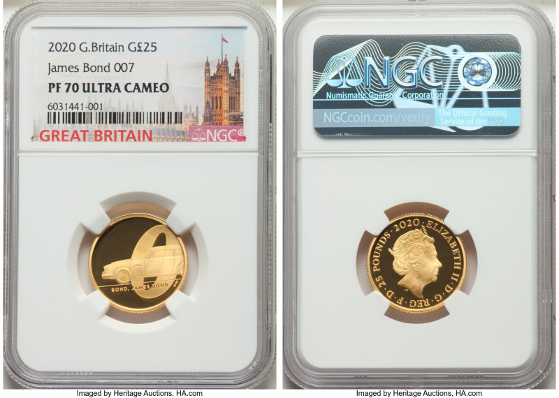 Elizabeth II gold Proof "James Bond 007" 25 Pounds (1/4 oz) 2020 PR70 Ultra Came...