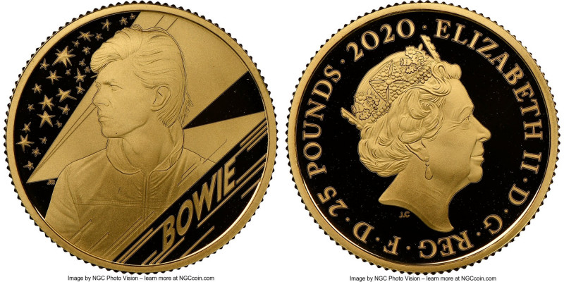 Elizabeth II gold Proof "David Bowie" 25 Pounds (1/4 oz) 2020 PR70 Ultra Cameo N...