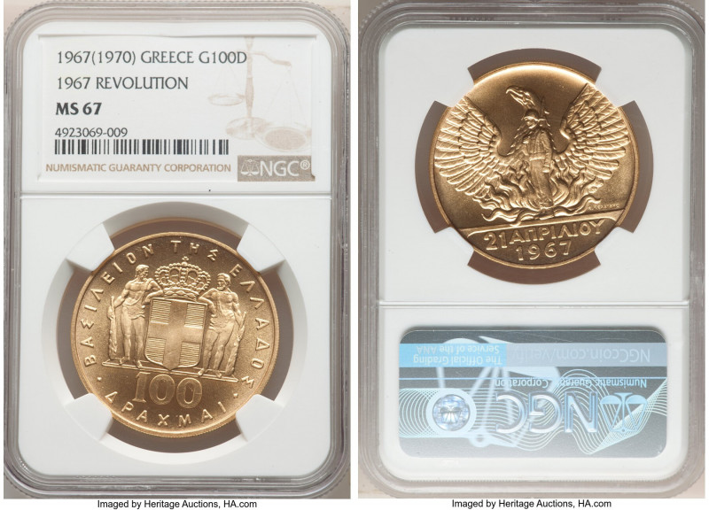 Constantine II gold "1967 Revolution" 100 Drachmai ND (1970) MS67 NGC, KM95. AGW...