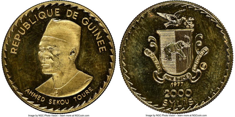 Republic gold "Ahmen Sekou Toure" 2000 Syli 1977 MS67 NGC, KM51. AGW 0.1698 oz.
...