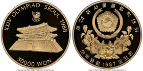 South Korea. Republic gold Proof "Seoul Olympics - South Gate" 50000 Won 1987 PR70 Ultra Cameo NGC, KM65. Mintage: 30,000. AGW 0.9998 oz. 

HID0980124...