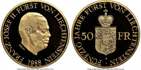 Franz Joseph II gold Proof "50th Anniversary of Reign" 50 Franken 1988 PR69 Ultra Cameo NGC, KM-Y21. AGW 0.2894 oz.

HID09801242017

© 2022 Heritage A...