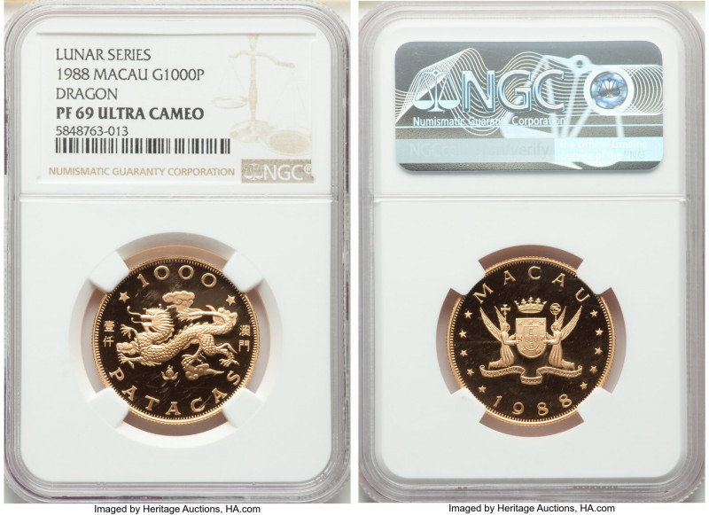 Portuguese Colony gold Proof "Dragon" 1000 Patacas 1988 PR69 Ultra Cameo NGC, KM...