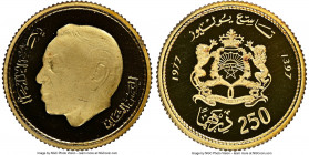 al-Hassan II gold Proof "King Hassan Birthday" 250 Dirhams AH 1397 (1977) PR69 Ultra Cameo NGC, KM-Y66. Mintage: 800. AGW 0.1866 oz. 

HID09801242017
...