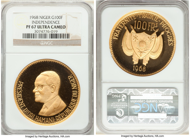 Republic gold Proof "Independence" 100 Francs 1968 PR67 Ultra Cameo NGC, KM11, F...