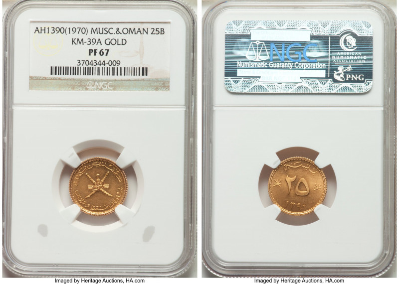 Sa'id ibn Taimur gold Proof 25 Baisa AH 1390 (1970) PR67 NGC, KM39a. Mintage: 35...