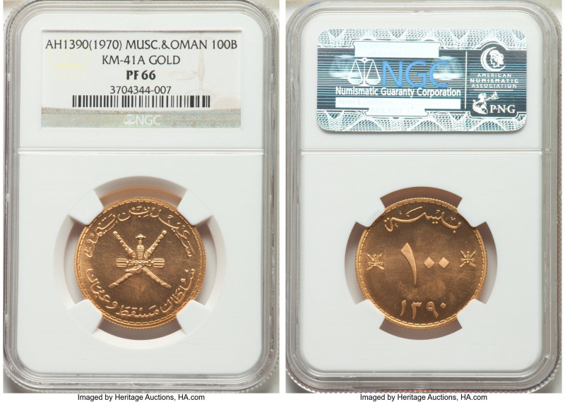 Sa'id bin Taimur gold Proof 100 Baisa AH 1390 (1970) PR66 NGC, KM41a. Mintage: 3...