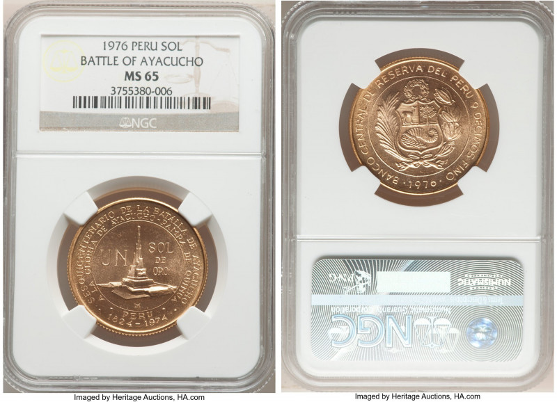 Republic gold "Battle of Ayacucho" Sol 1976-LM MS65 NGC, Lima mint, KM269. AGW 0...