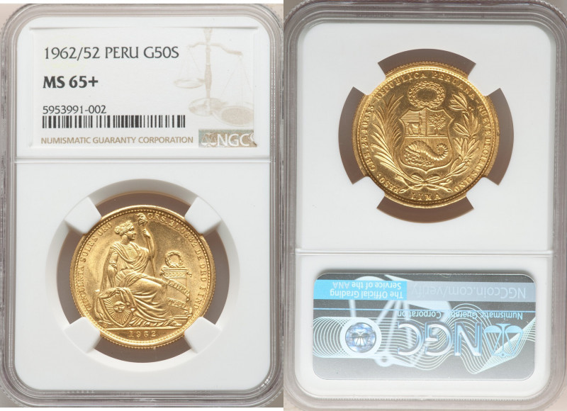 Republic gold 50 Soles 1962/52 MS65+ NGC, Lima mint, KM230. Radiant, with full, ...