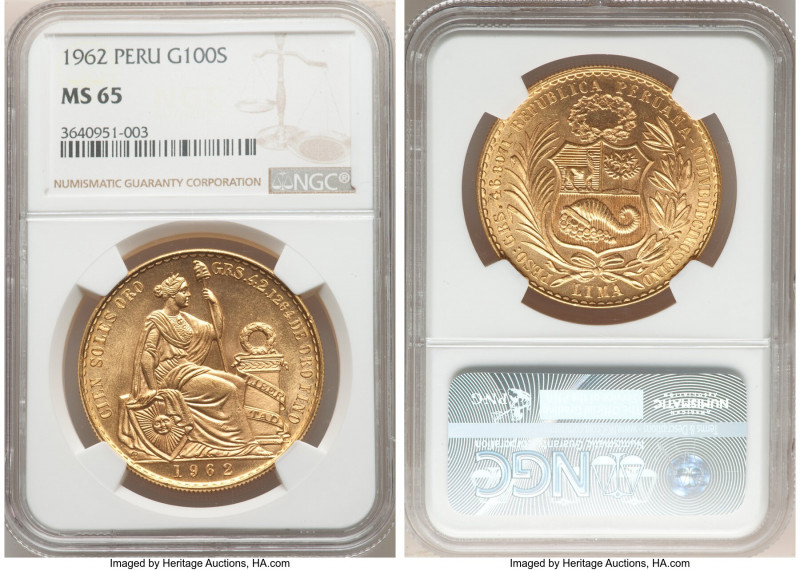 Republic gold 100 Soles 1962 MS65 NGC, Lima mint, KM231. AGW 1.3543 oz.

HID0980...