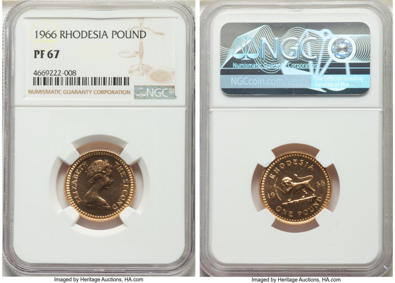 British Colony. Elizabeth II gold Proof Pound 1966 PR67 NGC, British Royal mint,...