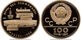 USSR gold Proof "Moscow Olympics - Lenin Stadium" 100 Roubles 1978-(l) PR67 Ultra Cameo NGC, Leningrad mint, KM-Y151. AGW 0.500 oz. 

HID09801242017

...