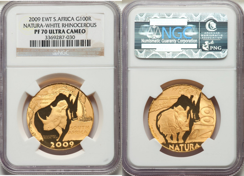 Republic gold Proof "Natura - White Rhinoceros" 100 Rand 2009 PR70 Ultra Cameo N...