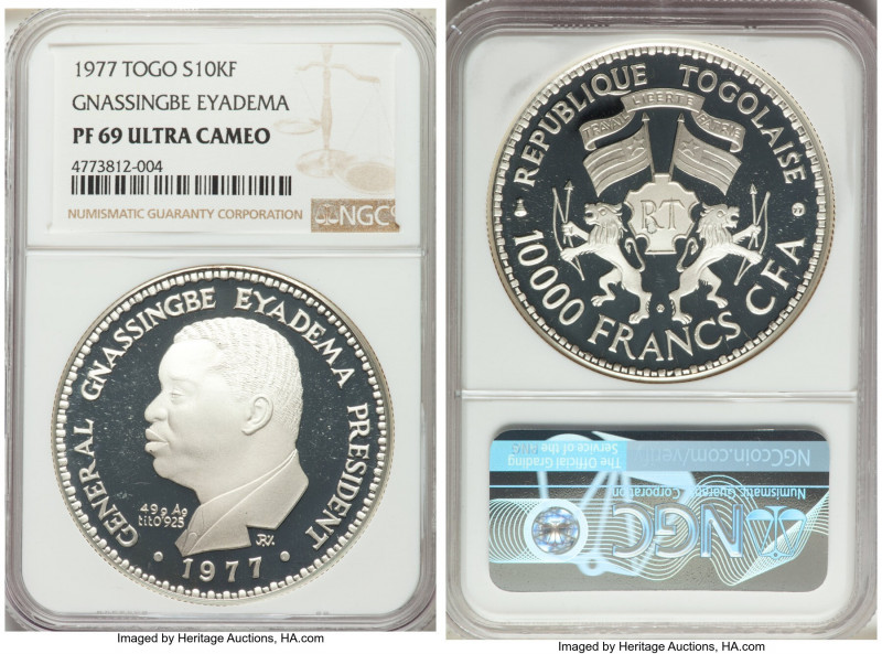 Republic Proof "Gnassingbe Eyadema" 10000 Francs 1977 PR69 Ultra Cameo NGC, KM9....