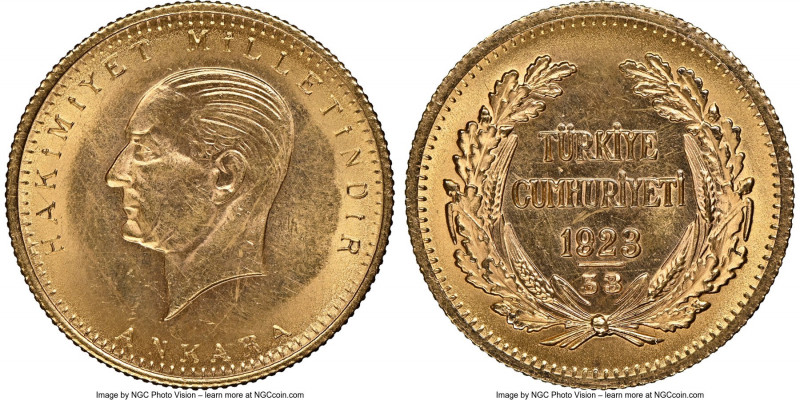 Republic gold 100 Kurush 1923 Year 53 (1976) MS64 NGC, KM855. AGW 0.2127 oz.

HI...