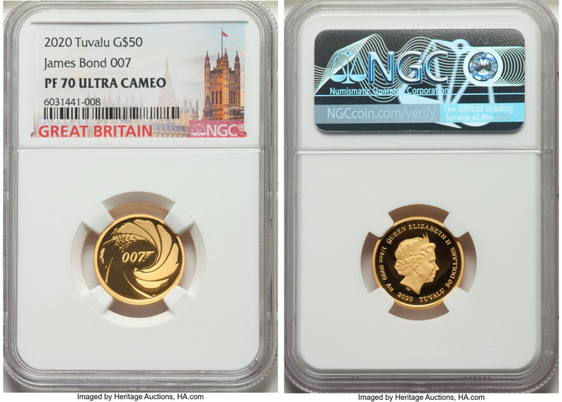 Elizabeth II gold Proof "James Bond 007" 50 Dollars (1/4 oz) 2020 PR70 Ultra Cam...