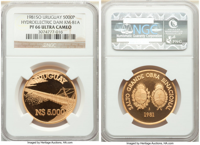 Republic gold Proof "Hydroelectric Dam" 5000 Nuevos Pesos 1981-So PR66 Ultra Cam...