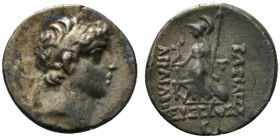 Kings of Cappadocia, Ariarathes IX (c. 100-85 BC). AR Drachm (17.5mm, 4.06g, 12h). Mint A (Eusebeia-Mazaka), year 2 (199/8 BC). Diademed head r. R/ At...