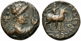 India, Kushan Empire. Time of Kujula Kadphises - Vima Takto (c. AD 80-113). Æ Didrachm (20.5mm, 8.37g, 11h). Diademed bust r.; holding sceptre; to l.,...