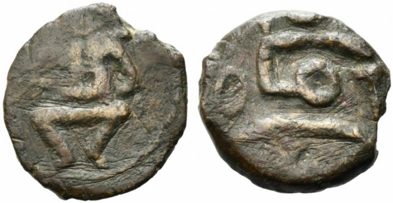 Central Italy, imitating Ebusus, c. 2nd century BC. Æ (14.5mm, 2.07g). Bes stand...