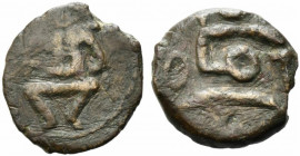 Central Italy, imitating Ebusus, c. 2nd century BC. Æ (14.5mm, 2.07g). Bes standing facing. R/ Bes standing facing. C. Stannard, "Overstrikes and imit...