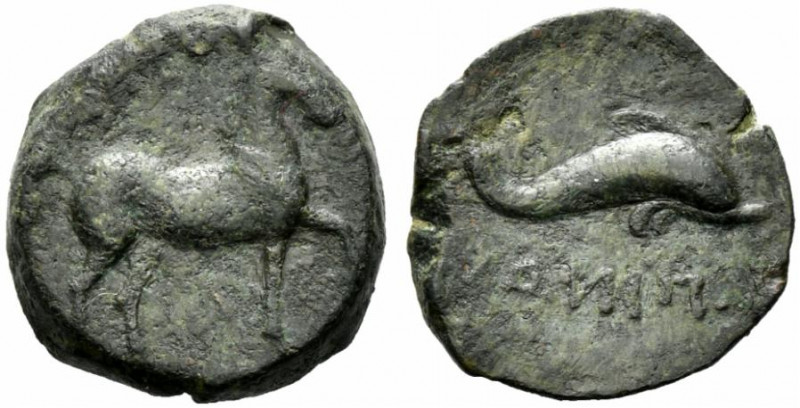 Northern Apulia, Salapia, c. 275-250 BC. Æ (17.5mm, 4.94g). Horse stepping r. R/...