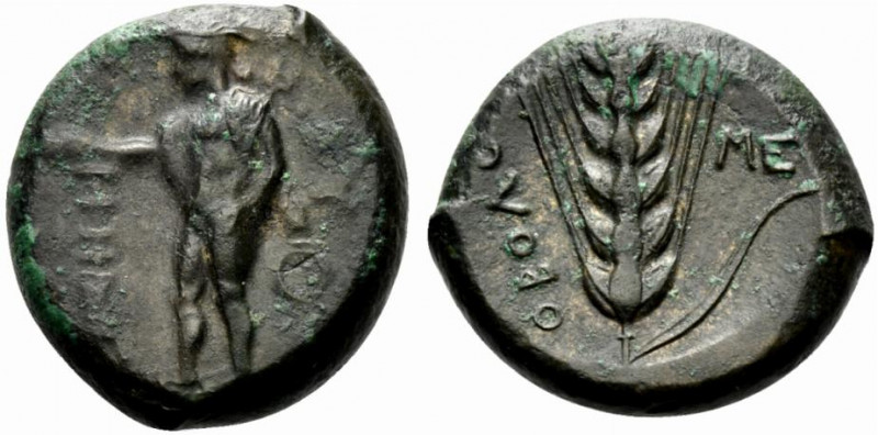 Southern Lucania, Metapontion, c. 425-350 BC. Æ (21.5mm, 9.26g, 1h). Hermes stan...