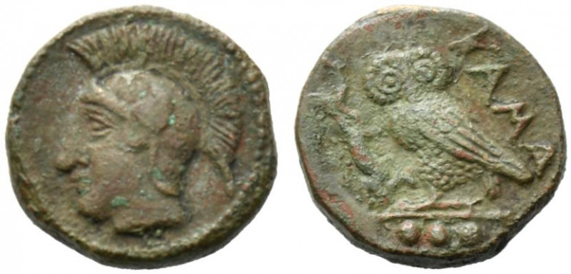 Sicily, Kamarina, c. 410-405 BC. Æ Tetras (14mm, 3.06g). Head of Athena l., wear...