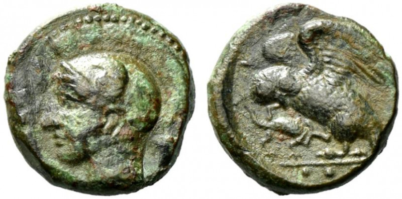 Sicily, Kamarina, c. 410-405 BC. Æ Tetras (14.5mm, 3.44g). Head of Athena l., we...