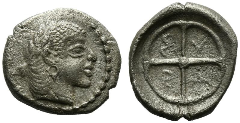 Sicily, Syracuse, c. 470 BC. AR Litra (10.5mm, 0.74g). Head of Arethusa r. R/ Wh...