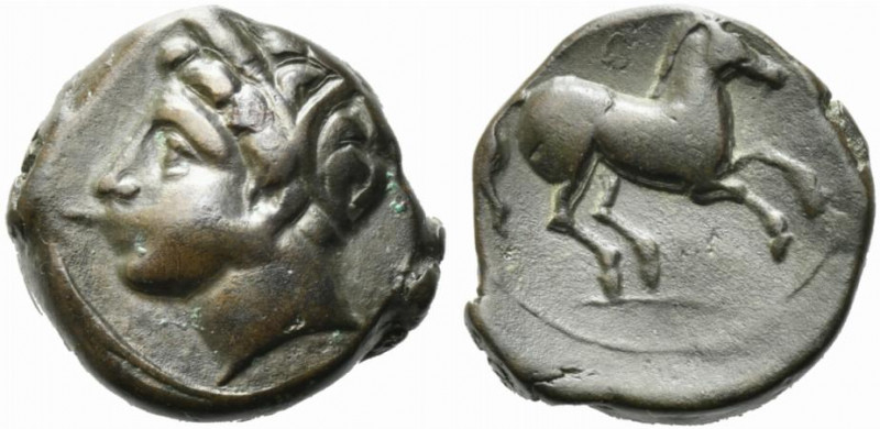 Sicily, Carthaginian Domain, c. 375-350 BC. Æ (16mm, 4.47g). Wreathed head of Ta...