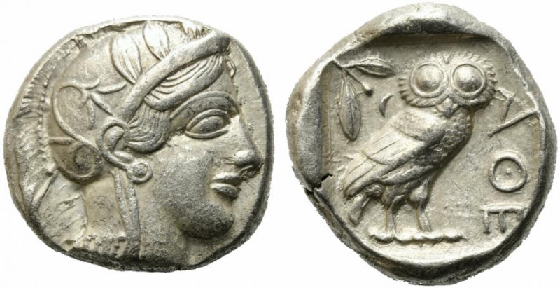 Attica, Athens, c. 454-404 BC. AR Tetradrachm (24mm, 17.15g). Helmeted head of A...