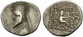 Kings of Parthia, Phraates III (c. 70/69-58/7 BC). AR Drachm (18mm, 4.50g). Rhagai. Bust l., wearing tiara. R/ Archer (Arsakes I) seated r. on throne,...