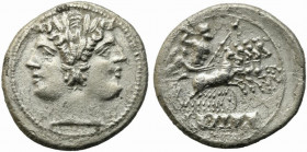 Anonymous, Rome, c. 225-212 BC. AR Quadrigatus (23mm, 6.06g). Laureate head of Janus. R/ Jupiter, holding sceptre and thunderbolt, in quadriga driven ...