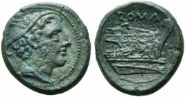 Anonymous, Rome, 217-215 BC. Æ Semuncia (20mm, 5.53g). Head of Mercury r., wearing winged petasus. R/ Prow r. Crawford 38/7; RBW 100. Green patina, ne...