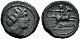 Roman Republican, Anonymous, Rome, 217-215 BC. Æ Semuncia (19mm, 5.96g). Draped female bust r., wearing mural crown. R/ Horseman r. on galloping horse...