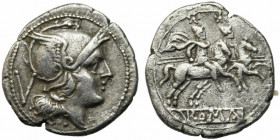 Anonymous, Rome, after 211 BC. AR Quinarius (13.5mm, 2.08g). Helmeted head of Roma r. R/ Dioscuri on horseback riding r., each holding transverse spea...