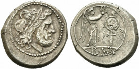 Anonymous, Rome, after 211 BC. AR Victoriatus (18mm, 2.95g). Laureate head of Jupiter r. R/ Victory standing r., crowning trophy. Crawford 53/1; RBW 1...