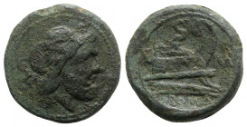 Roma monogram series, Southeast Italy, 211-210 BC. Æ Semis (27mm, 19.76g, 9h). Laureate head of Saturn r. R/ Prow r.; ROMA monogram before. Crawford 8...