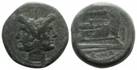 Club series, Southeast Italy, 208 BC. Æ As (35mm, 38.78g, 5h). Laureate head of Janus. R/ Prow r.; club above. Crawford 89/3; RBW 383. Green patina, n...