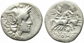 Pentagram series, Uncertain mint, 206-200 BC. AR Denarius (19mm, 3.56g). Helmeted head of Roma r. R/ Dioscuri on horseback riding r.; pentagram below....
