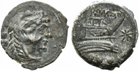 Star series, Rome, 169-158 BC. Æ Quadrans (19mm, 4.13g). Head of Hercules r., wearing lion skin. R/ Prow of galley r.; star to r. Crawford 196/4; RBW ...