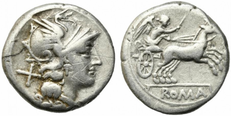 Anonymous, Rome, c. 157/6 BC. AR Denarius (16mm, 3.73g). Helmeted head of Roma r...