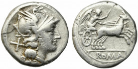 Anonymous, Rome, c. 157/6 BC. AR Denarius (16mm, 3.73g). Helmeted head of Roma r. R/ Victory driving biga r. Crawford 197/1a; RBW 846; RSC 6. Scratche...
