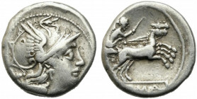 Anonymous, Rome, c. 157/6 BC. AR Denarius (15mm, 3.51g). Helmeted head of Roma r. R/ Victory driving biga r. Crawford 197/1a; RBW 846; RSC 6. Good Fin...