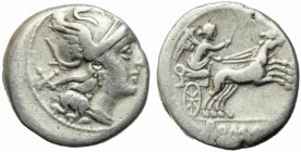 Anonymous, Rome, c. 157/6 BC. AR Denarius (16mm, 3.81g). Helmeted head of Roma r. R/ Victory driving biga r. Crawford 197/1a; RBW 846; RSC 6. Good Fin...