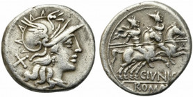C. Junius C.f., Rome, 149 BC. AR Denarius (18mm, 3.71g). Helmeted head of Roma r. R/ Dioscuri riding r., stars above; C. IVNI. C. F below. Crawford 21...