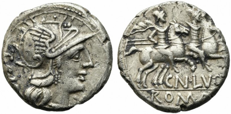 Cn. Lucretius Trio, Rome, 136 BC. AR Denarius (18mm, 3.76g). Helmeted head of Ro...